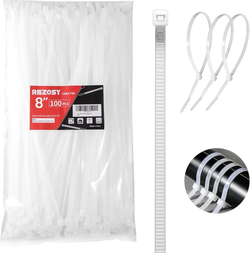 REZOSY White Zip Ties 8 Inch 100 Pack Clear Tensile Strength 40 lbs UV Resistant Industrial Cable Ties Self Locking Zipties Wire Ties Wrap Indoor Outdoor Use for Fence Garage Camping - Image 1